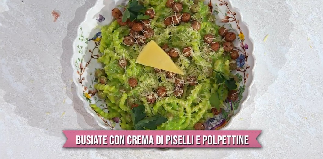 busiate con crema di piselli e polpettine di Fabio Potenzano