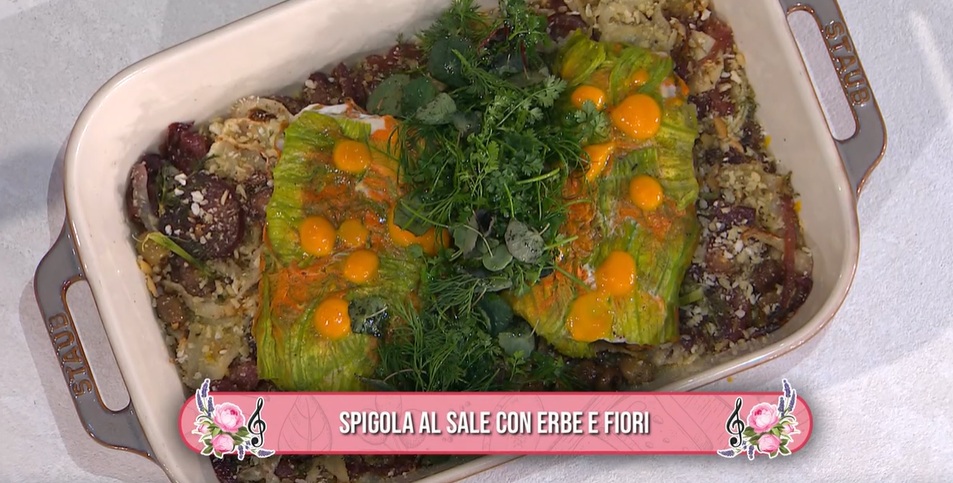 spigola al sale con erbe e fiori di Salvatore Giugliano