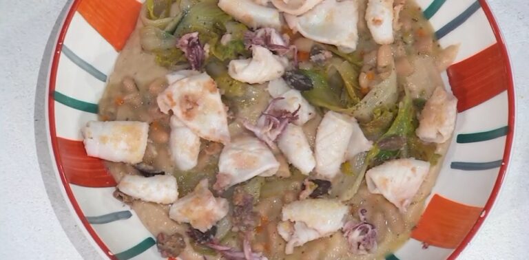 crema di fagioli con scarole e calamari di Salvatore Giugliano